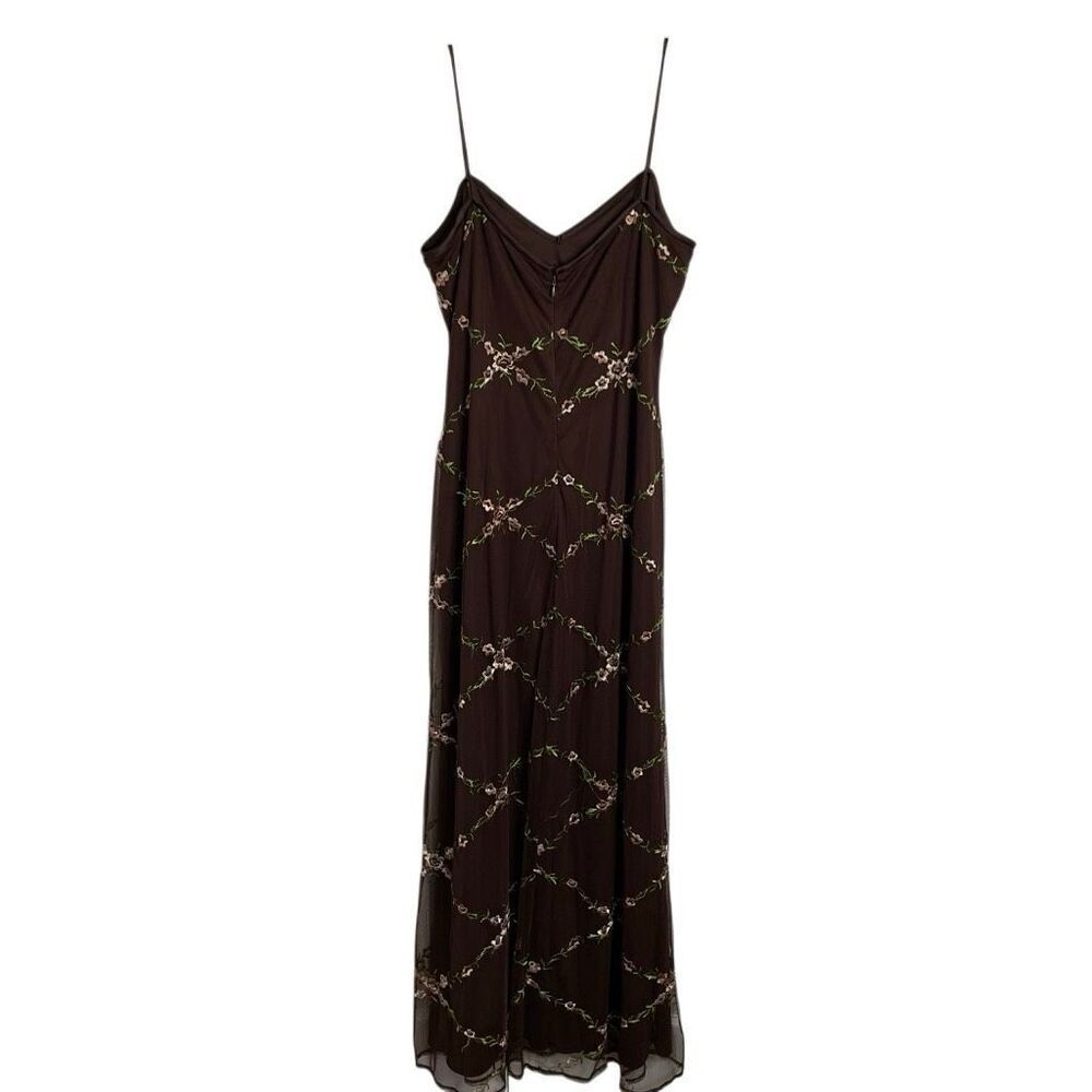 90s Y2K Lace Overlay Maxi Slip Dress 14 Brown Floral Lattice Forest Garden Fairy - Picture 4 of 9